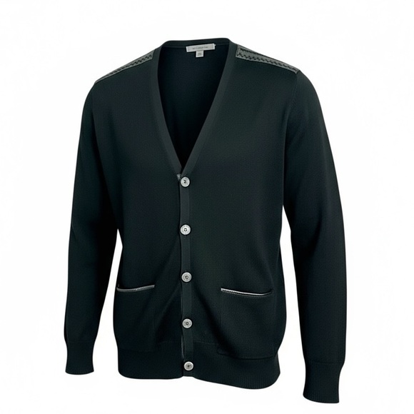 John Varvatos Men's Black Silk V-Neck Knit Cardigan with Leather Trim - Picture 2 of 10
